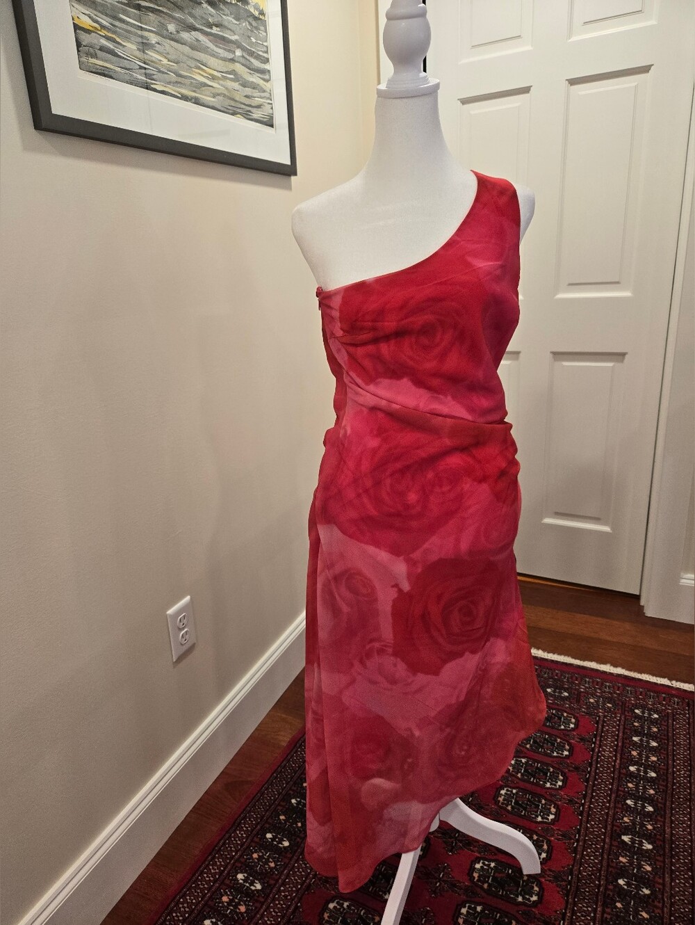 Lulu's One-Shoulder Red Rose Print Women's Dress